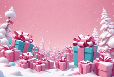 The primary subject of the image is a collection of wrapped presents, which are the main objects in the scene. The presents are placed in a snowy environment, creating a festive and wintery atmosphere. The visual style of the image is digital art, as it appears to be a computer-generated or digitally rendered scene. The colors and mood of the image are predominantly pink and white, which are associated with love, warmth, and celebration.